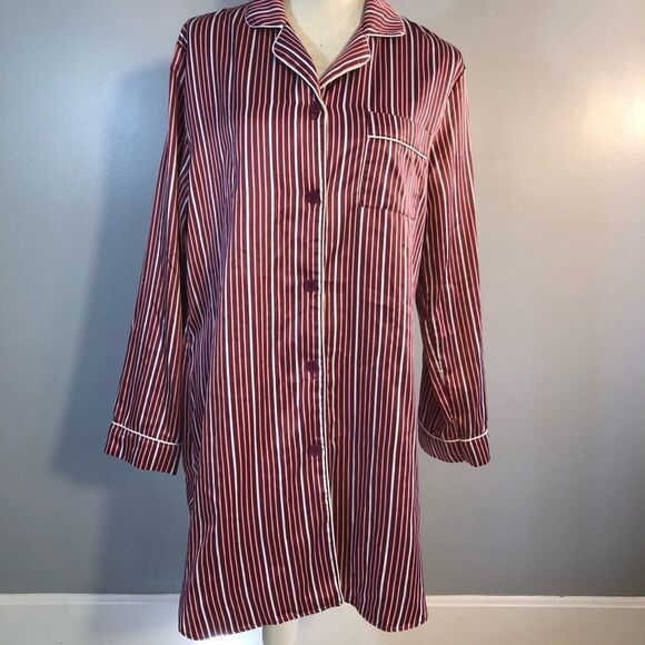Linea Donatella Satin Look Rose/Cream Striped Button Down Night Shirt Gown M - Picture 1 of 7